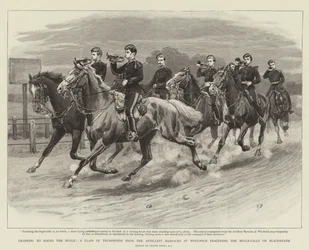 Das Buglehorn lernen, eine Klasse von Trompetern aus den Artilleriekasernen in Woolwich übt die Bugle-Rufe auf Blackheath